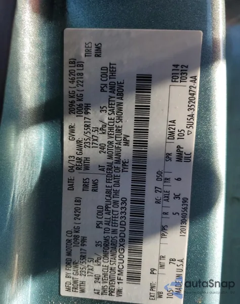 2013 Ford Escape Se from USA, damaged, VIN 1FMCU0GX9DUD33330